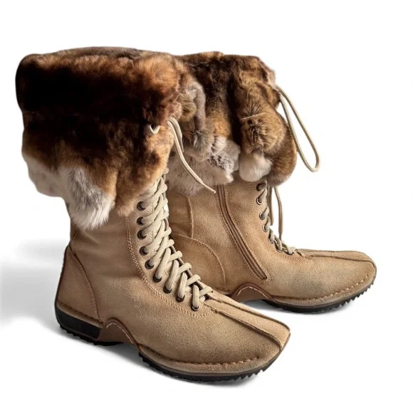 Natural Fur + Shearling-Lined Winter Boots – Tan Suede Lace-Up & Zipper - Picture 1 of 10